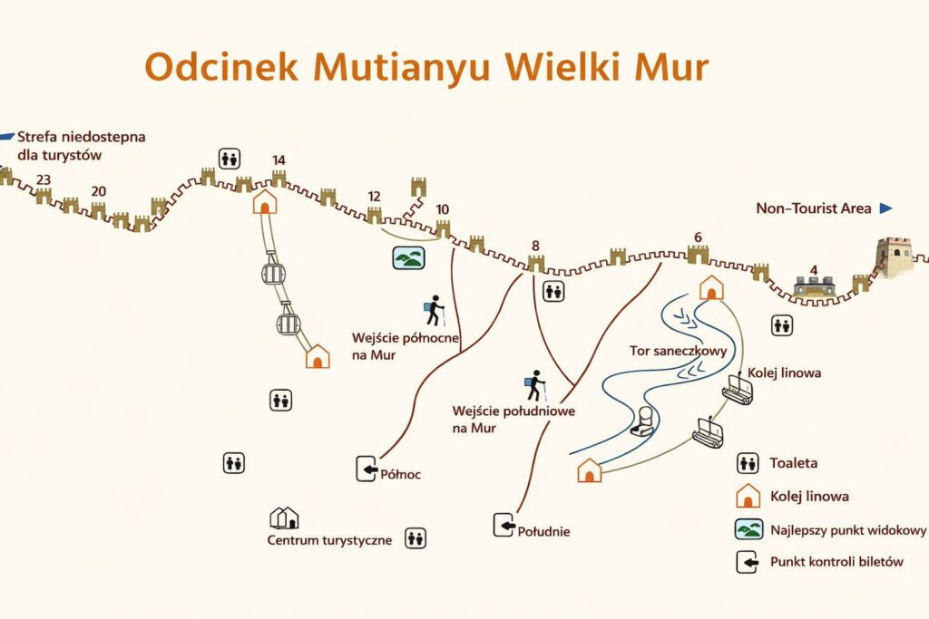 Schemat odcinka Mutianyu Wielkiego Muru z wejściami i kolejką linową